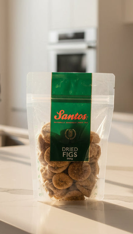 Bag of Santos dried figs on a white background